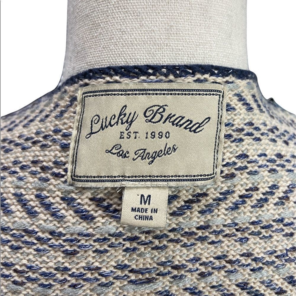 Lucky Brand Open Front Blue Cardigan Sweater Fringe Trim Geometric Size Medium - Picture 8 of 8